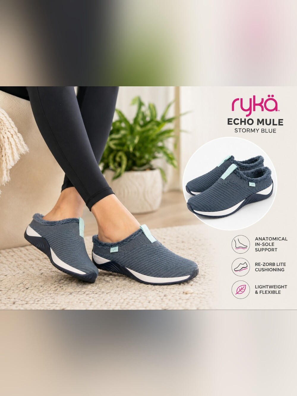 Ryka Echo Mule Stormy Blue Faux Fur Slip-On Shoes - Women’s Size 6M - NIB